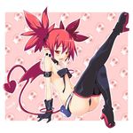  artist_name bat_wings blush demon_girl demon_tail demon_wings disgaea earrings etna flat_chest highres iwasi-r jewelry mini_wings navel patterned_background pointy_ears red_eyes red_hair red_wings skull skull_earrings solo special_moves tail wings 