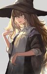  artist_name backlighting bangs black_hat black_jacket blonde_hair blue_eyes cinkai collared_dress dress hair_between_eyes hat highres jacket long_hair open_clothes open_jacket open_mouth original silver_background solo sweat text_focus very_long_hair white_dress witch_hat 