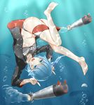  :d ass bikini blue_eyes blue_hair blush_stickers demon_horns fish highres horns jacket jewelry long_hair lux_(pixiv4480548) necklace open_mouth remodel_(zhan_jian_shao_nyu) smile solo swimsuit thigh_strap torpedo u47_(zhan_jian_shao_nyu) underwater upside-down zhan_jian_shao_nyu 