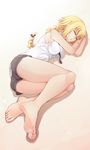  barefoot batatata77 blonde_hair braid breasts closed_eyes covered_nipples error eyebrows_visible_through_hair fate/apocrypha fate_(series) feet full_body highres jeanne_d'arc_(fate) jeanne_d'arc_(fate)_(all) legs long_hair lying medium_breasts on_side shorts single_braid sleeping sleeveless soles solo thighs toes wrong_feet 