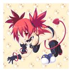  artist_name bat_wings demon_girl demon_tail demon_wings disgaea earrings etna flat_chest highres iwasi-r jewelry mini_wings navel patterned_background pointy_ears red_eyes red_hair red_wings skull skull_earrings solo special_moves tail wings 