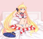  :3 andrea_doria_(zhan_jian_shao_nyu) bad_id bad_pixiv_id bandaid bare_shoulders bed belt blonde_hair blue_eyes blush bustier cang_se_ye_hua choker highres indian_style long_hair looking_at_viewer navel on_bed panties pillow pleated_skirt sitting skirt skirt_removed solo striped striped_legwear striped_panties thighhighs twintails underwear untying very_long_hair zhan_jian_shao_nyu 
