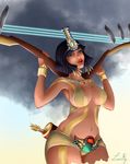  1girl armpits arrow bare_shoulders black_hair blue_eyes bow bracelet bras breasts cleavage curvy dark_skin egypt egyptian egyptian_clothes eyebrows eyeliner game goddess gold highres jewelry large_breasts lips lipstick looking_at_viewer makeup moba navel neith neith_(smite) open_mouth pants red_lipstick simple_background smite solo solo_focus standing tattoo toned 