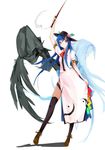  adapted_costume bangs black_legwear blue_hair bow brown_footwear cross-laced_footwear dress full_body guilty_gear hinanawi_tenshi holding large_bow long_dress long_hair looking_at_viewer neck_ribbon necro_(guilty_gear) puffy_short_sleeves puffy_sleeves rainbow_gradient rainbow_order red_eyes ribbon shadow shoes short_sleeves skirt_hold smile solo standing sword_of_hisou tetsurou_(fe+) thighhighs touhou undine_(guilty_gear) white_dress 