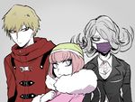  2girls andou_ruruka blue_eyes danganronpa danganronpa_3 flipped_hair fur-trimmed_jacket fur_trim hair_over_one_eye hat izayoi_sounosuke jacket kimura_seiko multiple_girls pink_hair purple_eyes shimada_(dmisx) short_hair silver_hair surgical_mask 