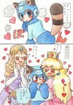  1boy 2girls blonde_hair blue_eyes blush brown_hair capcom crossover dress earrings heart helmet jewelry legend_of_zelda multiple_girls nintendo princess_peach princess_zelda rockman rockman_(series) straight_shota super_mario_bros. super_smash_bros. tail translation_request 