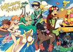  5boys alolan_exeggutor alolan_form alolan_raichu alternate_costume animal animal_on_shoulder backpack bag baseball_cap bbrangka black_gloves blue_sky brown_hair bruxish bush camera comfey commentary_request cutiefly day english exeggutor fingerless_gloves flying_sweatdrops gen_1_pokemon gen_7_pokemon gloves hair_intakes hat hawaiian_shirt head_wreath hiroshi_(pokemon) holding holding_camera horseback_riding jacket kasumi_(pokemon) kenji_(pokemon) kneeling lei leon_(pokemon) mimikyu mudsdale multiple_boys night ookido_shigeru orange_hair pikachu pokemon pokemon_(anime) pokemon_(creature) pokemon_sm_(anime) raichu riding sandals shirt shorts side_ponytail sketchbook sky smile spiked_hair sunset surfboard surfing swimsuit takeshi_(pokemon) tooru_(pokemon) twitter_username wavy_hair 