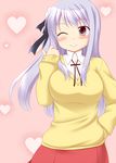  ;) blush breasts hair_ribbon hand_on_hip heart hidamari_sketch large_breasts long_hair matsuri_(hidamari_sketch) one_eye_closed ribbon smile solo sweater utomo 