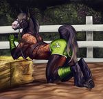  2015 all_fours anthro arched_back arm_wraps black_fur boxers_(clothing) bridle brown_eyes brown_fur brown_hair clothed clothing detailed_background digital_media_(artwork) equine fence fur hair harness hay hooves horse leg_wraps looking_at_viewer male mammal multicolored_fur pinup pose reins signature solo underhoof underwear venlightchaser white_fur wraps 