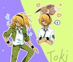  artist_request blonde_hair blue_eyes character_name crossed_arms eevee pokemon pokemon_(manga) pokemon_try_adventure tie toki_(pokemon) 