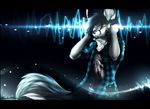  abstract_background alenkavoxis anthro canine clothed clothing fluffy fluffy_tail fur headphones male mammal music one_eye_closed solo wolf 