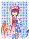  alternate_legwear american_flag_dress american_flag_legwear asymmetrical_wings bangs black_hair blurry blurry_background blush breasts closed_eyes clownpiece clownpiece_(cosplay) cosplay ddt_(darktrident) double_v dress flying_sweatdrops frilled_dress frilled_sleeves frills hat highres houjuu_nue jester_cap polka_dot shiny shiny_clothes shippou_(pattern) short_dress short_hair short_sleeves small_breasts smile solo striped striped_legwear thighhighs touhou v wings zettai_ryouiki 