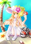  2016 bag beach blonde_hair braid comfey conch day dress flower gen_7_pokemon green_eyes hat highres lei lillie_(pokemon) long_hair ocean palm_tree pokemon pokemon_(creature) pokemon_(game) pokemon_sm sand starfish sun_hat sundress tree white_dress yuyumi_(yuurei) 