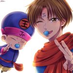  backlighting brown_eyes brown_hair dual_persona facial_mark forehead_mark hat japanese_clothes kameron koenma male_focus multiple_boys one_eye_closed open_mouth pacifier red_scarf scarf signature smile v yuu_yuu_hakusho 