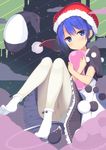  animal black_dress blue_eyes blue_hair blush commentary_request cow_tail doremy_sweet dream_soul dress eyebrows eyebrows_visible_through_hair hat highres looking_at_viewer megarisu nightcap object_hug pantyhose pom_pom_(clothes) sitting socks solo tail tapir touhou white_legwear 