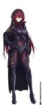  absurdres alternate_costume armor bodysuit breastplate breasts cape covered_navel fate/empire_of_dirt fate/grand_order fate_(series) full_body gauntlets greaves hand_on_hip highres large_breasts long_hair looking_at_viewer original purple_bodysuit purple_hair red_eyes scathach_(fate)_(all) scathach_(fate/grand_order) shijiu_(adamhutt) shoulder_armor simple_background solo standing thighhighs veil very_long_hair white_background 