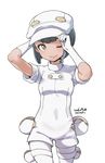  ;) adjusting_clothes adjusting_hat aether_foundation_employee bag black_hair brown_eyes closed_mouth dated gloves hands_on_headwear hat kanya_pyi looking_at_viewer one_eye_closed pantyhose pokemon pokemon_(game) pokemon_sm short_hair short_sleeves smile solo uniform white_background white_gloves white_hat white_legwear 