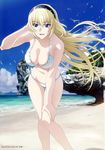  arm_behind_head artist_request beach bikini bird blonde_hair blue_eyes blue_sky breasts cleavage cloud day hairband hand_on_own_thigh highres irisdina_bernhard large_breasts leaning_forward long_hair looking_at_viewer muvluv non-web_source ocean official_art open_mouth outdoors rock sand scan schwarzesmarken seagull side-tie_bikini sky solo standing swimsuit very_long_hair water white_bikini wind 