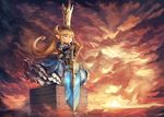  :3 blonde_hair blue_dress charlotta_fenia closed_eyes closed_mouth crown dress full_body gauntlets granblue_fantasy hair_between_eyes hands_on_hilt harvin long_hair own_hands_together pointy_ears puffy_sleeves shield solo standing sword v-shaped_eyebrows weapon wooden_box yilx 