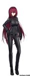  absurdres alternate_costume belt black_gloves breasts fate/empire_of_dirt fate/grand_order fate_(series) full_body gloves hand_on_hip highres jacket large_breasts leather leather_jacket leather_pants long_hair original pants purple_hair red_eyes scathach_(fate)_(all) scathach_(fate/grand_order) shijiu_(adamhutt) simple_background solo standing very_long_hair white_background 