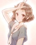  bluez brown_eyes brown_hair collarbone hyouka ibara_mayaka school_uniform short_hair smile solo v 