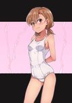  bad_id bad_twitter_id blush breasts brown_eyes brown_hair electricity hair_ornament hairpin highres looking_at_viewer misaka_mikoto name_tag old_school_swimsuit one-piece_swimsuit pink_background puma_(hyuma1219) school_swimsuit short_hair simple_background small_breasts smile solo standing swimsuit tan tied_hair to_aru_kagaku_no_railgun to_aru_majutsu_no_index twintails white_school_swimsuit white_swimsuit 