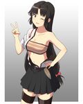  ;d armpits bandeau belt black_eyes black_hair black_skirt blush breasts cleavage collarbone commentary_request cowboy_shot gradient gradient_background hadanugi_dousa hair_intakes hand_on_hip japanese_clothes kantai_collection large_breasts long_hair looking_at_viewer low-tied_long_hair mokkei navel off_shoulder one_eye_closed open_mouth parted_lips pleated_skirt shouhou_(kantai_collection) single_bare_shoulder skirt smile solo stomach strapless thighhighs v very_long_hair zettai_ryouiki 
