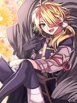  :d alternate_eye_color black_gloves blonde_hair fang floral_background gloves hair_over_one_eye hakusai_ponzu katana male_focus open_mouth ponytail shishiou shishiou_no_mofumofu sitting smile sword touken_ranbu weapon yellow_eyes 