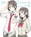  1girl blue_eyes brown_hair character_name dual_persona genderswap genderswap_(ftm) hand_on_hip love_live! love_live!_sunshine!! necktie open_mouth salute school_uniform serafuku smile sofy uranohoshi_school_uniform watanabe_you 