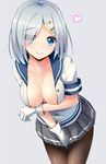  areolae black_legwear blue_eyes breasts collarbone colored_eyelashes eyes_visible_through_hair gloves hair_between_eyes hair_ornament hair_over_one_eye hairclip hamakaze_(kantai_collection) hanging_breasts highres kantai_collection kasaran large_breasts leaning_forward looking_at_viewer nipples open_clothes open_shirt pantyhose pleated_skirt sailor_collar school_uniform serafuku shirt short_sleeves silver_hair skirt smile solo white_gloves 