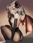  ass bad_id bad_pixiv_id blush breasts demon_girl demon_horns demon_wings elbow_gloves gambe gloves heart heart-shaped_pupils highres horns leotard looking_back medium_breasts open_mouth original pantyhose red_eyes short_hair sideboob silver_hair solo succubus symbol-shaped_pupils wings 