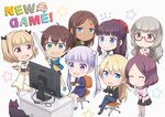  &gt;_&lt; :d ^_^ ahagon_umiko animal blush cat chair chibi closed_eyes commentary_request controller copyright_name cup everyone flying_sweatdrops game_controller gamepad hazuki_shizuku iijima_yun long_hair monitor mozuku_(new_game!) multiple_girls new_game! office_chair open_mouth playing_games sakura_nene shinoda_hajime sitting smile star suzukaze_aoba sword takimoto_hifumi teacup tooyama_rin wavy_mouth weapon yagami_kou yuko666 