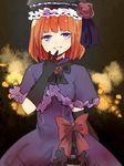  black_gloves blue_eyes bow capelet chiyaru dress elbow_gloves eva_beatrice gloves grin hat orange_hair smile solo umineko_no_naku_koro_ni 