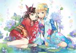  ahoge arm_support artoria_pendragon_(all) bad_id bad_pixiv_id blonde_hair blue_kimono braid brown_hair ekita_xuan fate/stay_night fate_(series) floral_background floral_print flower french_braid green_eyes hair_flower hair_ornament hand_on_another's_shoulder hand_on_own_chest highres japanese_clothes kimono leaning_on_person lily_pad long_hair looking_at_viewer lotus multiple_girls obi parted_lips red_kimono saber sash sitting smile tabi teeth toosaka_rin twintails water yokozuwari 