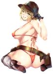  ass baseball_cap belt bikini black_gloves blonde_hair blush boots breasts cidney_aurum final_fantasy final_fantasy_xv gloves green_eyes grin hat highres holster kink large_breasts looking_at_viewer pouch red_bikini short_hair simple_background sitting smile solo swimsuit thong thong_bikini wariza white_background 