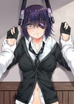  1girl absurdres against_wall arms_up breasts commentary crying crying_with_eyes_open eyepatch fingerless_gloves gloves hair_between_eyes headgear hetero highres imminent_rape jaku_denpa kantai_collection large_breasts looking_at_viewer navel neckerchief necktie out_of_frame pov pov_hands scared school_uniform shirt short_hair solo_focus tears tenryuu_(kantai_collection) wide-eyed wrist_grab 