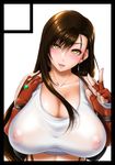  black_border blush border breasts brown_eyes brown_hair circle_cut cleavage collarbone commentary_request covered_nipples crop_top earrings final_fantasy final_fantasy_vii fingerless_gloves fumizuki_misoka gloves head_tilt huge_breasts jewelry long_hair looking_at_viewer parted_lips red_gloves see-through sidelocks smile solo tank_top tifa_lockhart upper_body v 