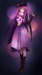  alternate_costume amino_(tn7135) beret bespectacled boots crescent crescent_moon_pin floral_print frown glasses hat jewelry long_hair patchouli_knowledge purple_hair ring scarf skirt solo touhou 