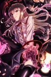  bat bat_wings beth_(shingeki_no_bahamut) black_legwear blonde_hair blurry blush closed_mouth commentary_request cowboy_shot depth_of_field dragon fang floating_hair flower frilled_shirt_collar frills from_below granblue_fantasy head_wings long_hair long_sleeves looking_at_viewer looking_down marusan pointy_ears red_eyes red_flower red_rose rose shaded_face shingeki_no_bahamut shirt smile solo thighhighs vampire vampy white_shirt wings 