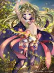  1girl bangs boots cape fire_emblem fire_emblem:_kakusei fire_emblem_cipher flat_chest forest garter_straps gloves green_hair jewelry long_hair looking_at_viewer midriff nature navel nintendo nono_(fire_emblem) parted_bangs pink_legwear ponytail purple_eyes ribbon short_shorts shorts simple_background smile solo thigh_boots thighhighs tiara 