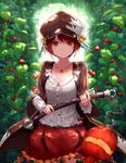  backlighting breasts brown_hair brown_hat brown_jacket cleavage closed_mouth collarbone commentary cowboy_shot dappled_sunlight day flail flower_knight_girl food fruit hat holding holding_weapon jacket jewelry kokotetsu lantern leaf long_sleeves looking_at_viewer medium_breasts necklace open_clothes open_jacket orange_eyes outdoors plant red_skirt shade shirt short_hair skirt smile solo standing sunlight ukitsuriboku_(flower_knight_girl) weapon white_shirt 