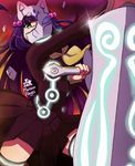  adashino_benio artist_name broken_mask damaged dual_wielding fox_mask green_eyes hair_ornament hime_cut holding long_hair maroonabyss mask purple_hair school_uniform signature sousei_no_onmyouji sword weapon 