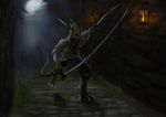  3_toes anthro clothed clothing detailed_background holding_object holding_weapon horn male melee_weapon scalie solo sword themefinland toes weapon yellow_eyes 