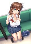  1girl amano_megumi amano_megumi_wa_suki_darake! blush breasts brown_hair cleavage collarbone female from_above green_eyes hot large_breasts long_hair looking_at_viewer miniskirt miyai_max open_mouth school_uniform schoolbag shirt sitting skirt solo sweat uniform 