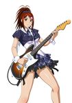  bachou_mouki brown_eyes brown_hair guitar hair_ornament hair_scrunchie high_ponytail holding ikkitousen instrument long_hair looking_at_viewer scrunchie shiny shiny_skin simple_background smile solo white_background 