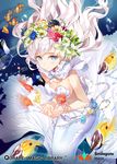  blue_eyes bracelet bubble detached_collar fish flower gilse goldfish groin hair_flower hair_ornament jewelry looking_at_viewer mermaid monster_girl navel necklace pale_skin pearl qurare_magic_library shell shell_bikini solo underwater white_hair 