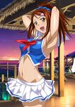  armpits arms_behind_head bachou_mouki breasts brown_eyes brown_hair groin hair_ornament hair_scrunchie high_ponytail ikkitousen large_breasts long_hair midriff navel open_mouth outdoors pleated_skirt scrunchie shiny shiny_skin sideboob skirt solo white_skirt 