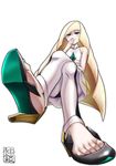  blonde_hair crossed_legs dress feet full_body green_eyes hair_over_one_eye high_heels highres leggings legs long_hair looking_at_viewer lusamine_(pokemon) multicolored multicolored_clothes multicolored_legwear no_socks pokemon pokemon_(game) pokemon_sm shoes sitting sleeveless sleeveless_dress smile solo toes two-tone_legwear very_long_hair yuzu_gin_(pika97) 