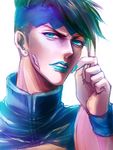  aqua_eyes aqua_lipstick aqua_nails backlighting diamond_wa_kudakenai earrings face fingernails green_hair headband highres jewelry jojo_no_kimyou_na_bouken kishibe_rohan lipstick long_fingernails makeup male_focus nail_polish portrait rearu solo wristband 