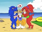  &lt;3 absurd_res big_breasts bikini blush breasts canine clothing crossgender echidna female fox group hairband hedgehog hi_res knuckles_the_echidna male mammal michiyoshi miles_prower mobian_(species) monotreme multi_tail sonic_(series) sonic_the_hedgehog soulteam swimsuit wide_hips 